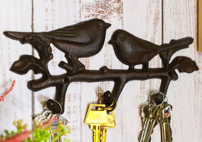 Ebros Gift Cast Iron Rustic Lovebirds Perching On Leafy Twig Branch 3-Pegs Wall Coat Hook