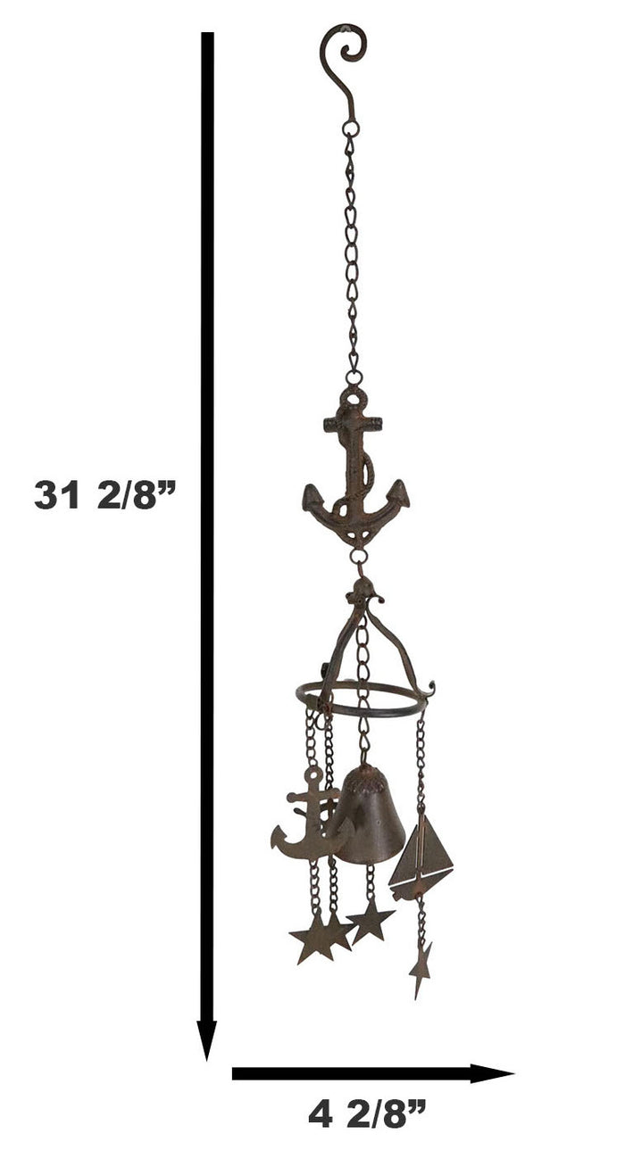 Ebros Gift Cast Iron Rustic Marine Ship Anchor Sailboat Rudder Helm Wheel Wind Chime Bell
