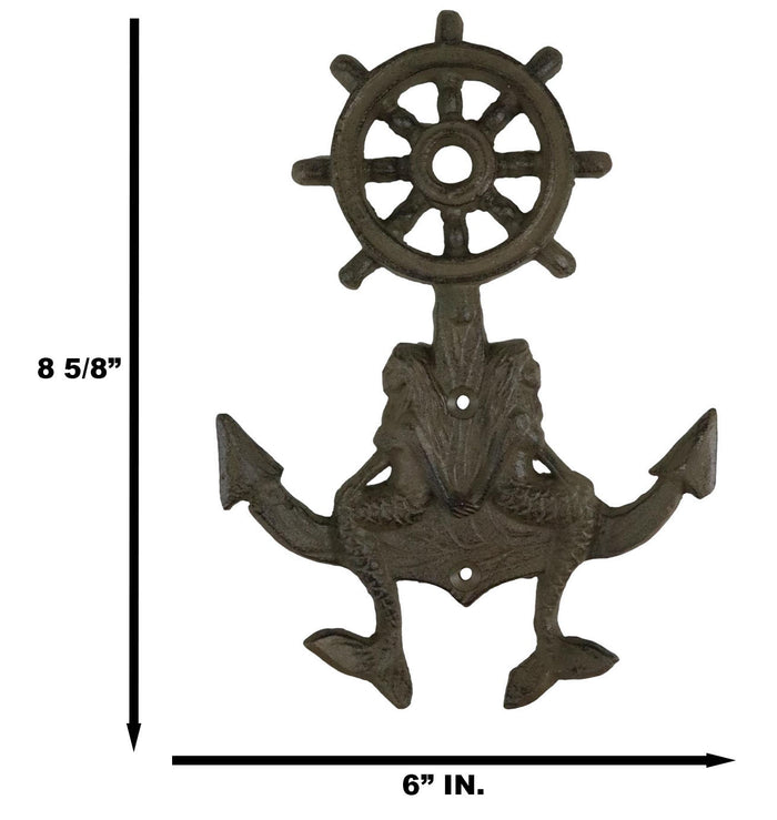 Ebros Gift Cast Iron Rustic Nautical Mermaids On Ship Anchor And Helm Double Wall Hooks