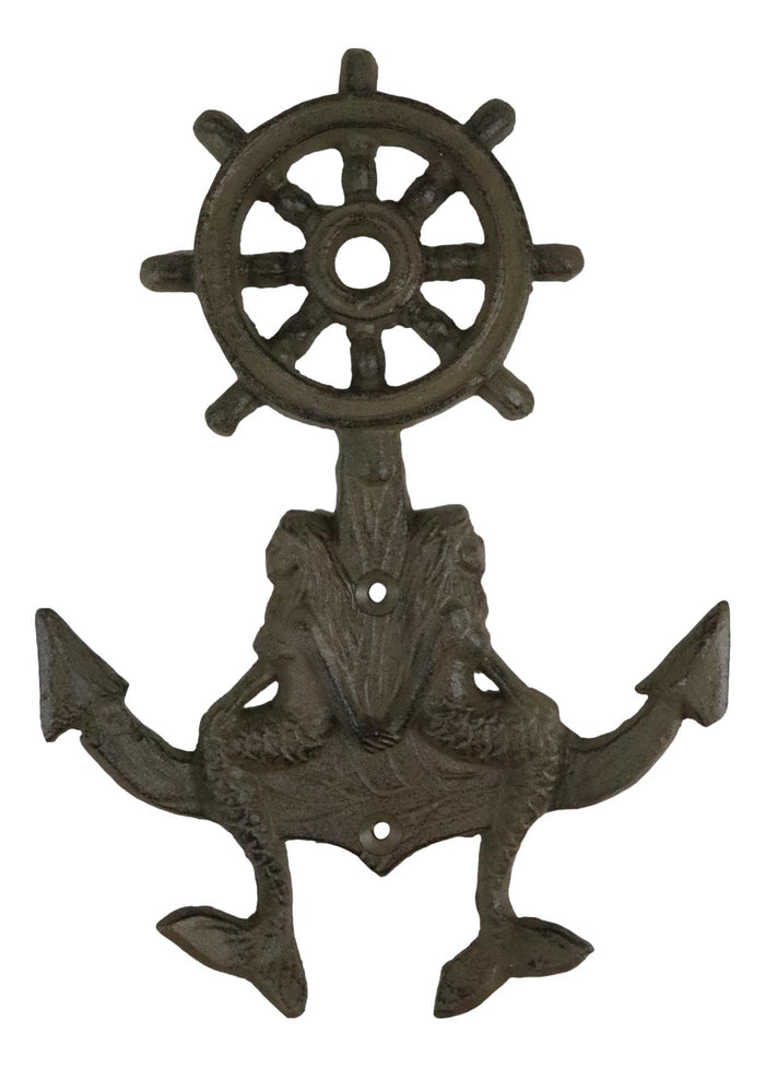Ebros Gift Cast Iron Rustic Nautical Mermaids On Ship Anchor And Helm Double Wall Hooks