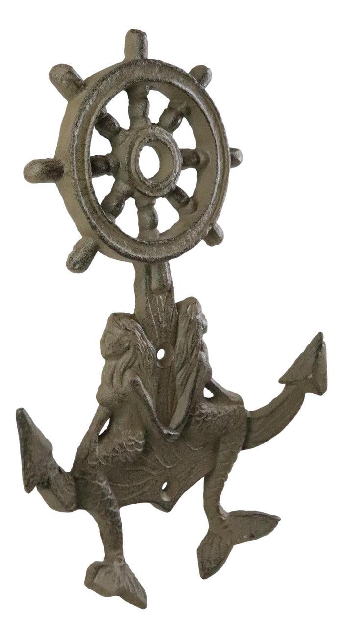 Ebros Gift Cast Iron Rustic Nautical Mermaids On Ship Anchor And Helm Double Wall Hooks