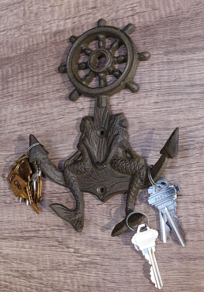 ebros gift Cast Iron Rustic Nautical Mermaids On Ship Anchor And Helm Double Wall Hooks