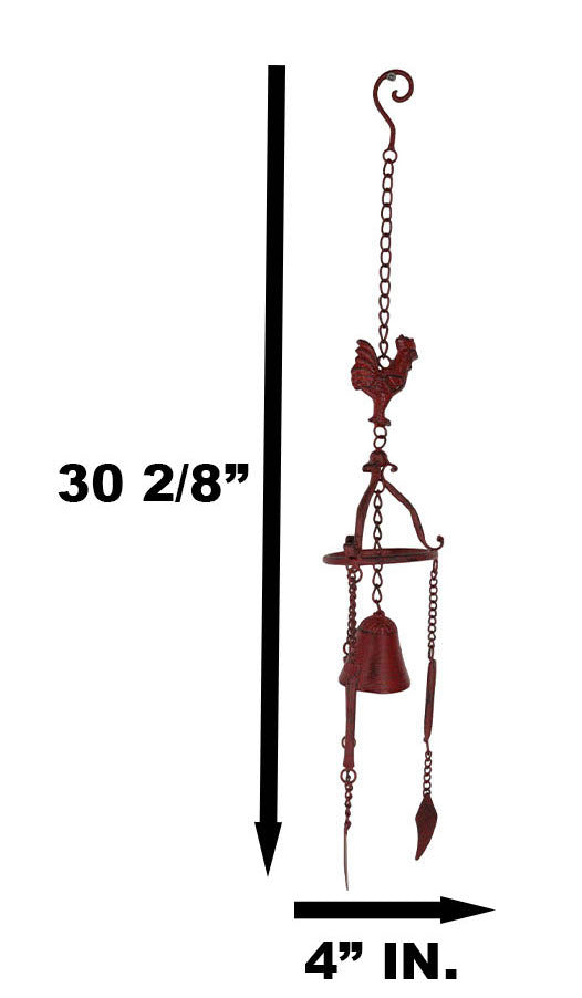 Ebros Gift Cast Iron Rustic Red Chicken Rooster Hanging Garden Patio Bell Wind Chime Decor
