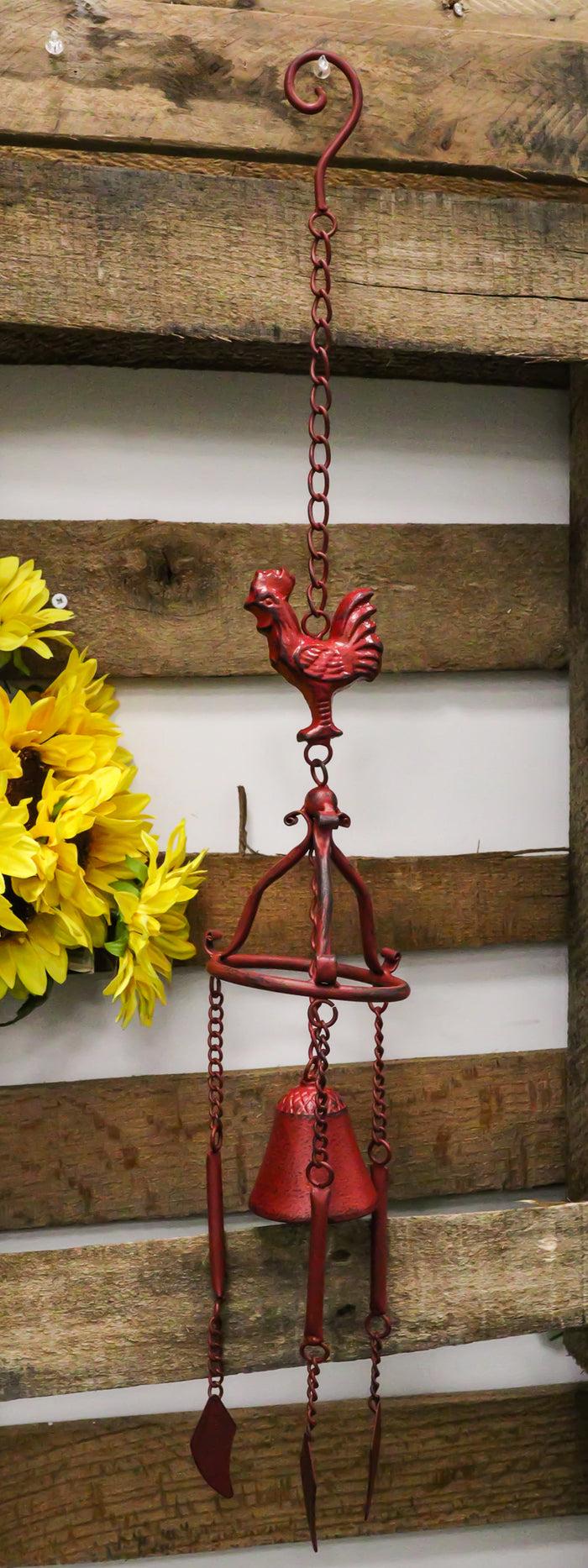 ebros gift Cast Iron Rustic Red Chicken Rooster Hanging Garden Patio Bell Wind Chime Decor