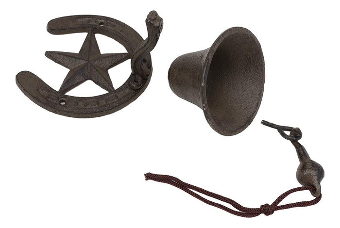 Ebros Gift Cast Iron Rustic Vintage Western Star Horseshoe Door Wall Dinner Yard Bell Decor