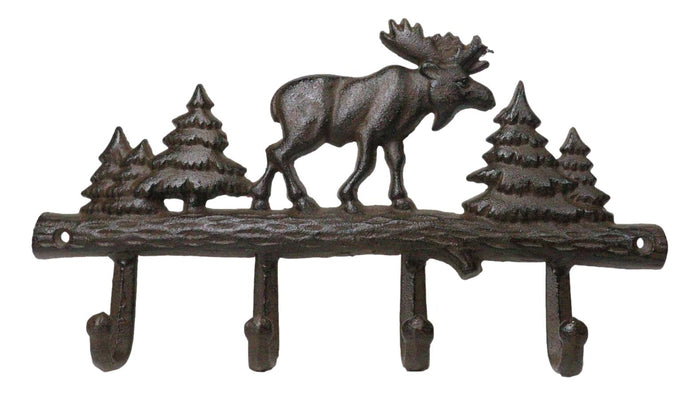 Ebros Gift Cast Iron Rustic Western Elk Moose Deer Roaming Pine Woodlands 4-Peg Wall Hooks