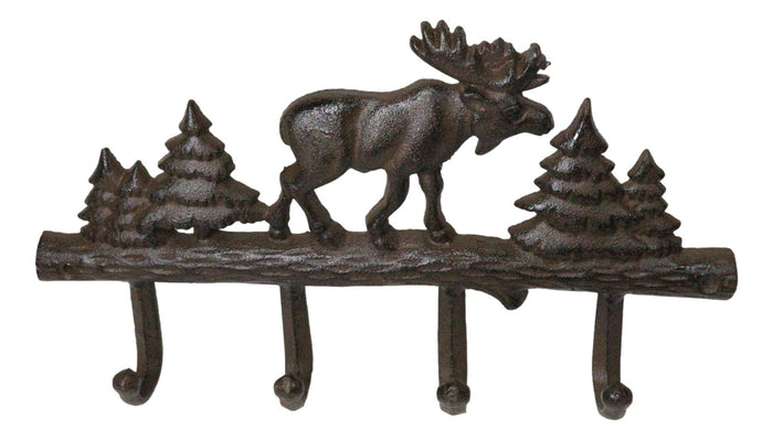 Ebros Gift Cast Iron Rustic Western Elk Moose Deer Roaming Pine Woodlands 4-Peg Wall Hooks