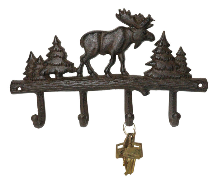 ebros gift Cast Iron Rustic Western Elk Moose Deer Roaming Pine Woodlands 4-Peg Wall Hooks