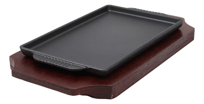 Ebros Gift Cast Iron Sizzling Fajita Steak Stir Fry Skillet Pan Plate & Wood Base Set 9.25"