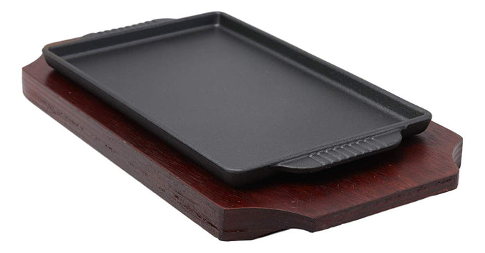 Ebros Gift Cast Iron Sizzling Fajita Steak Stir Fry Skillet Pan Plate & Wood Base Set 9.25"