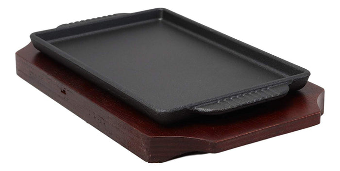 Ebros Gift Cast Iron Sizzling Fajita Steak Stir Fry Skillet Pan Plate & Wood Base Set 8.25"