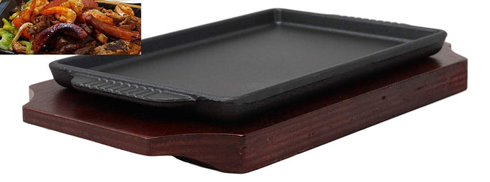 ebros gift Cast Iron Sizzling Fajita Steak Stir Fry Skillet Pan Plate & Wood Base Set 8.25"