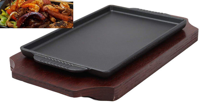 ebros gift Cast Iron Sizzling Fajita Steak Stir Fry Skillet Pan Plate & Wood Base Set 9.25"