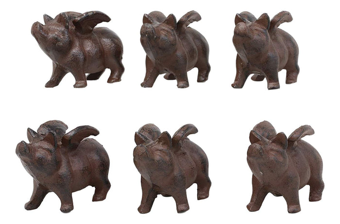Ebros Gift Cast Iron Small Whimsical Flying Pig Angel Hog Statue Paperweight Decor Set Of 6
