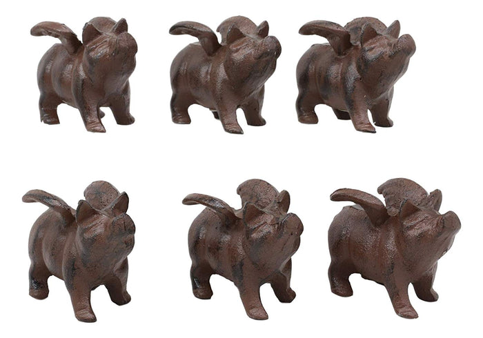 ebros gift Cast Iron Small Whimsical Flying Pig Angel Hog Statue Paperweight Decor Set of 6