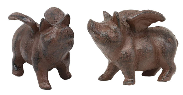 ebros gift Cast Iron Small Whimsical Flying Pig Angel Hog Statue Paperweight Decor Set of 2