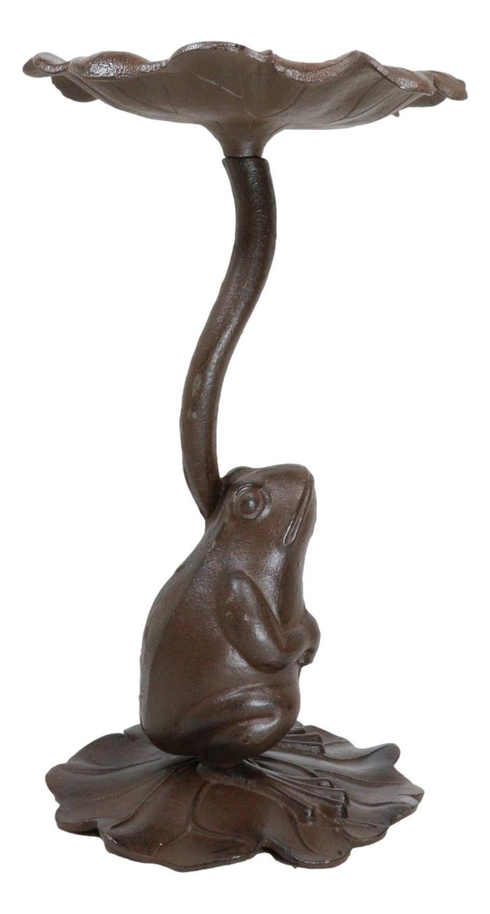 Ebros Gift Cast Iron Toad Frog On Waterlily Lily Pad Leaf Bird Feeder Bath Garden Statue