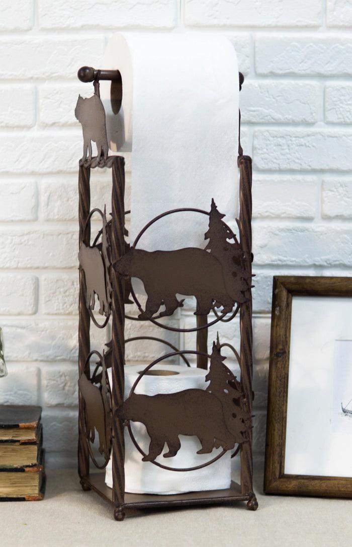 ebros gift Cast Iron Western Rustic Black Bear Pine Trees Toilet Paper Holder Stand Station
