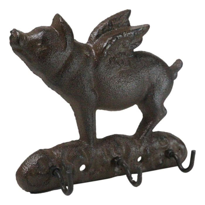 Ebros Gift Cast Iron Whimsical Flying Pig Angel 3-Peg Wall Hook Decorative Sculpture
