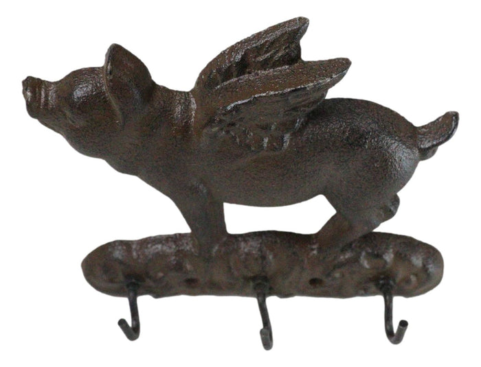 Ebros Gift Cast Iron Whimsical Flying Pig Angel 3-Peg Wall Hook Decorative Sculpture