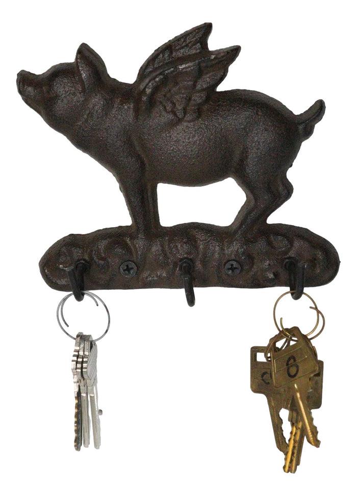 ebros gift Cast Iron Whimsical Flying Pig Angel 3-Peg Wall Hook Decorative Sculpture