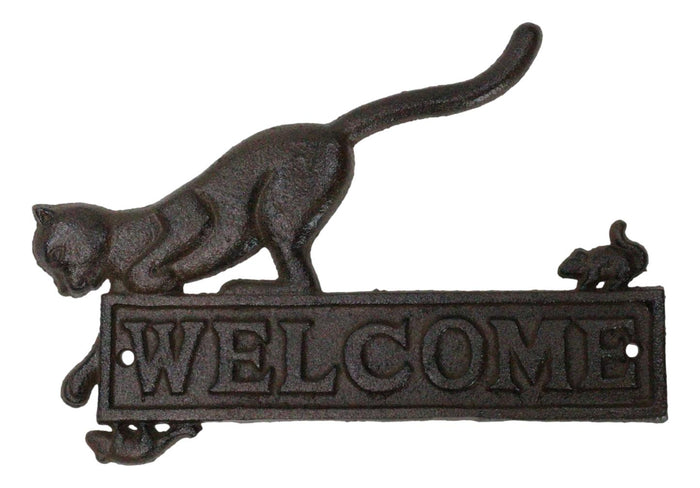 Ebros Gift Cast Iron Whimsical Hungry Kitty Cat Chasing 2 Mice Wall Decor Welcome Sign