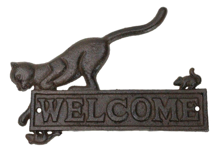 ebros gift Cast Iron Whimsical Hungry Kitty Cat Chasing 2 Mice Wall Decor Welcome Sign