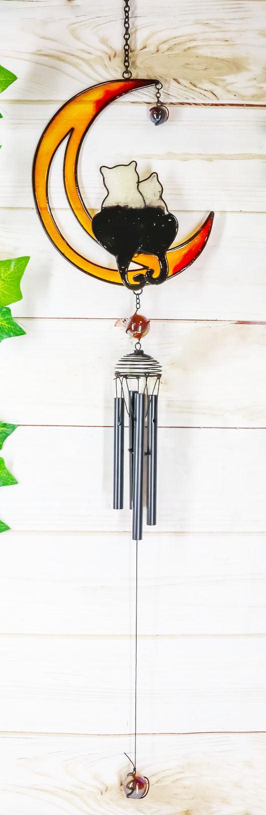 Ebros Gift Cat Lovers On Moon Glass Gem Resonant Black Coated Copper Wind Chime Garden