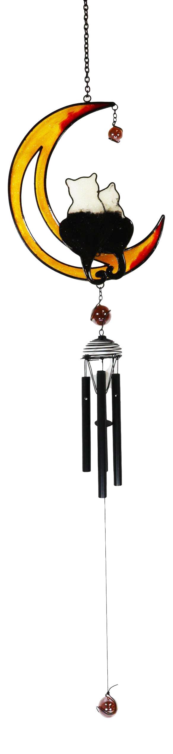 Ebros Gift Cat Lovers On Moon Glass Gem Resonant Black Coated Copper Wind Chime Garden