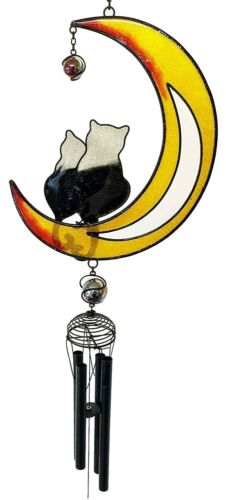 ebros gift Cat Lovers On Moon Glass Gem Resonant Black Coated Copper Wind Chime Garden