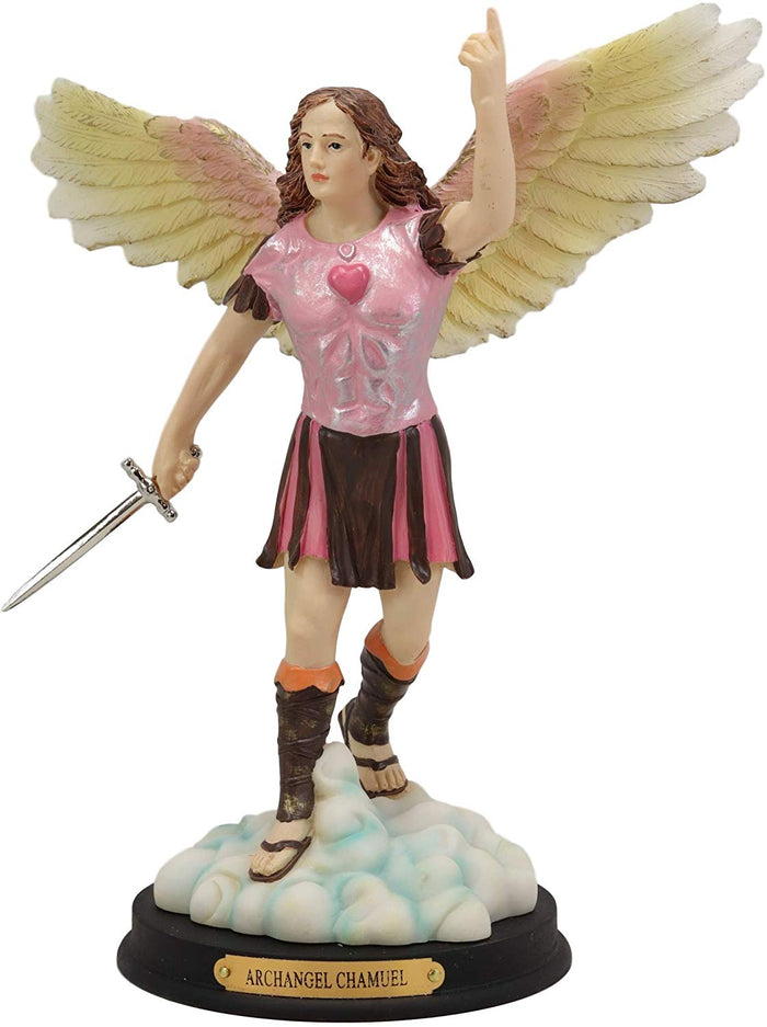 ebros gift Catholic Church Colorful Archangel Chamuel With Red Heart And Sword Statue 10"H