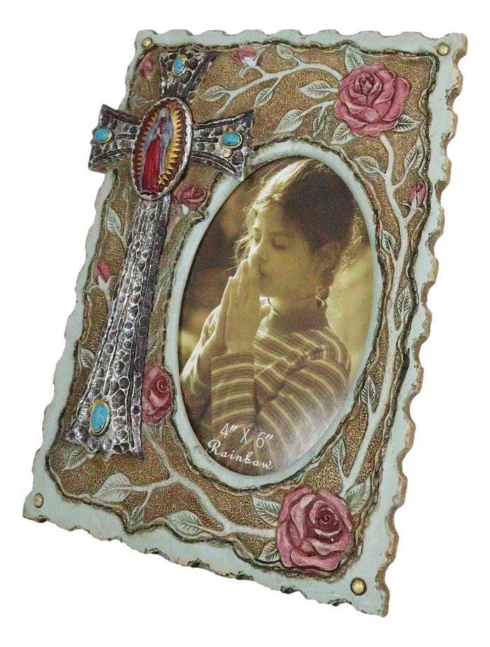 Ebros Gift Catholic Lady Of Grace Mary Guadalupe Cross With Pink Roses 4X6 Picture Frame
