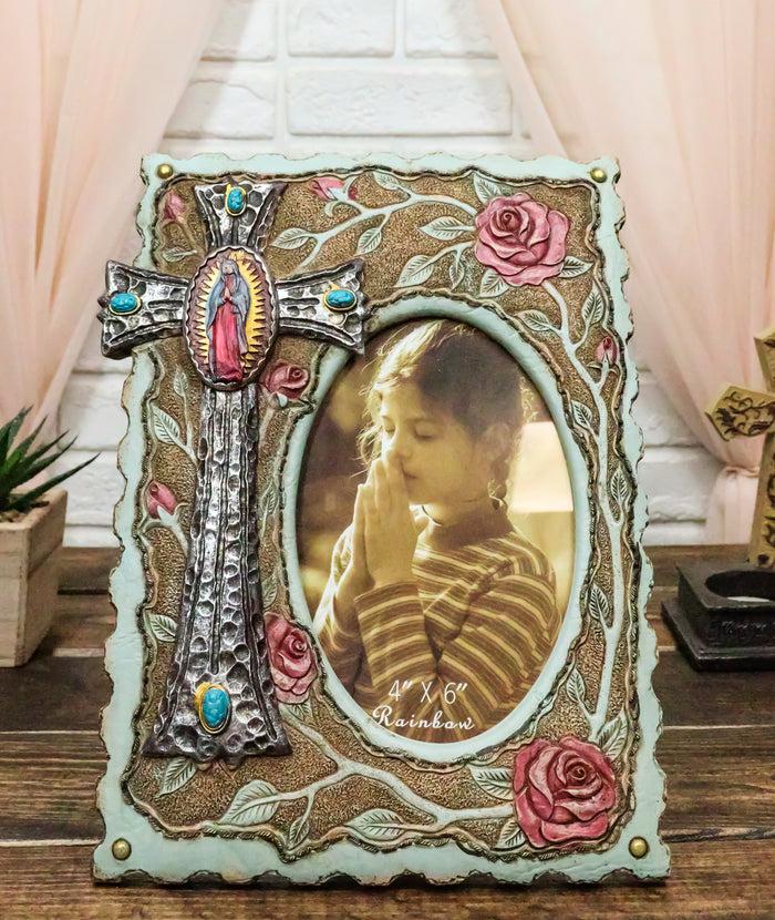 ebros gift Catholic Lady Of Grace Mary Guadalupe Cross With Pink Roses 4X6 Picture Frame