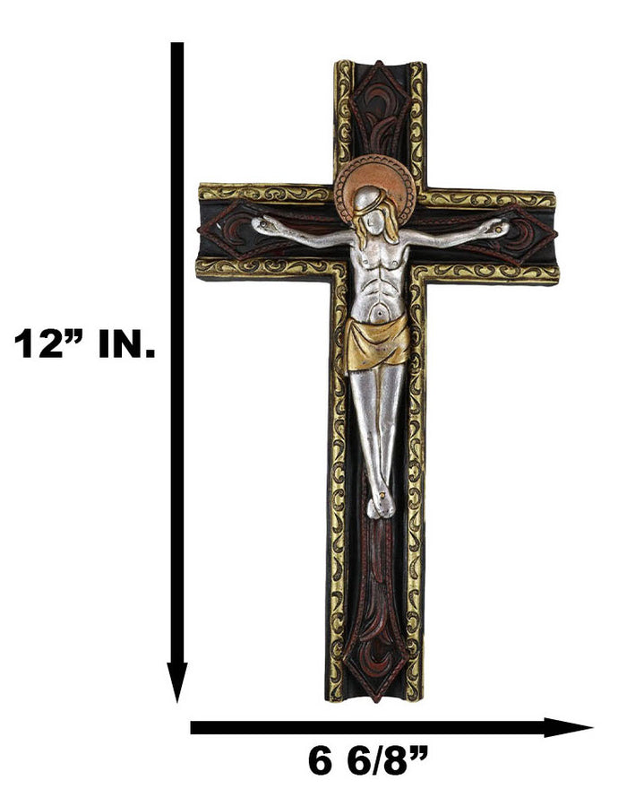 Ebros Gift Catholic Tooled Gold Silver Abstract Passion Of Jesus Christ Crucifix Wall Cross