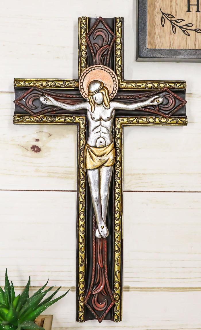 ebros gift Catholic Tooled Gold Silver Abstract Passion Of Jesus Christ Crucifix Wall Cross