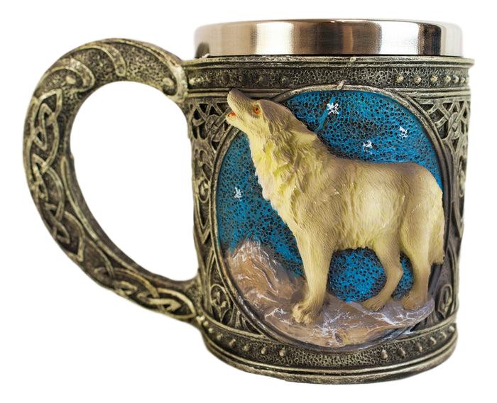 Ebros Gift Celtic Howling Gray Wolf At Starry Night Mountains Coffee Mug & Wine Goblet Set