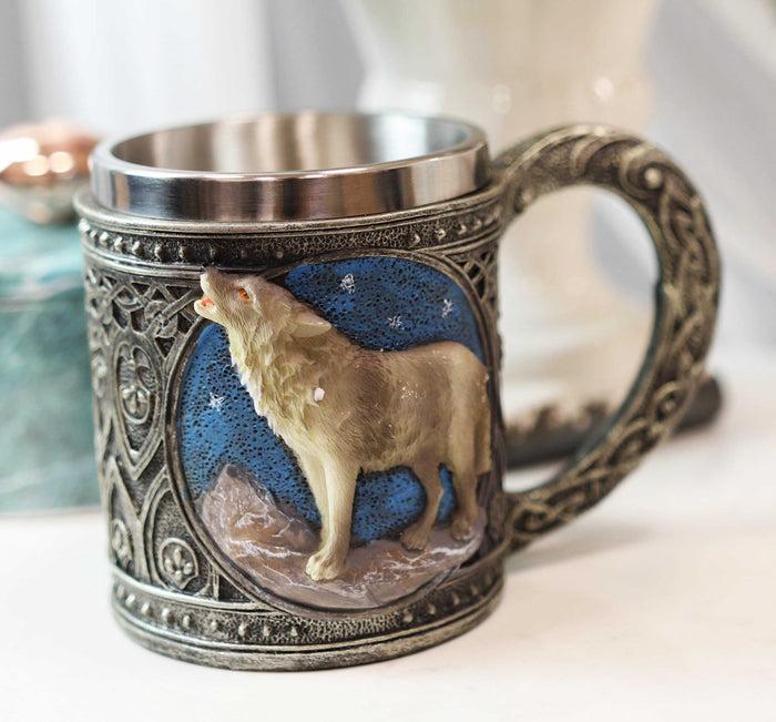 ebros gift Celtic Howling Gray Wolf At Starry Night Mountains Coffee Mug & Wine Goblet Set