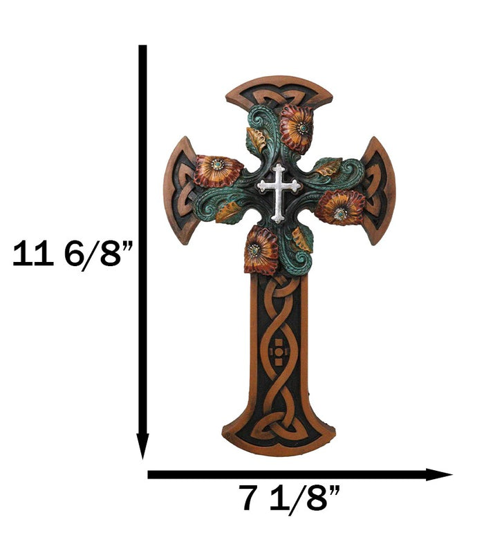 Ebros Gift Celtic Knotwork Tooled Faux Leather Colorful Flowers Wall Cross Christian Decor