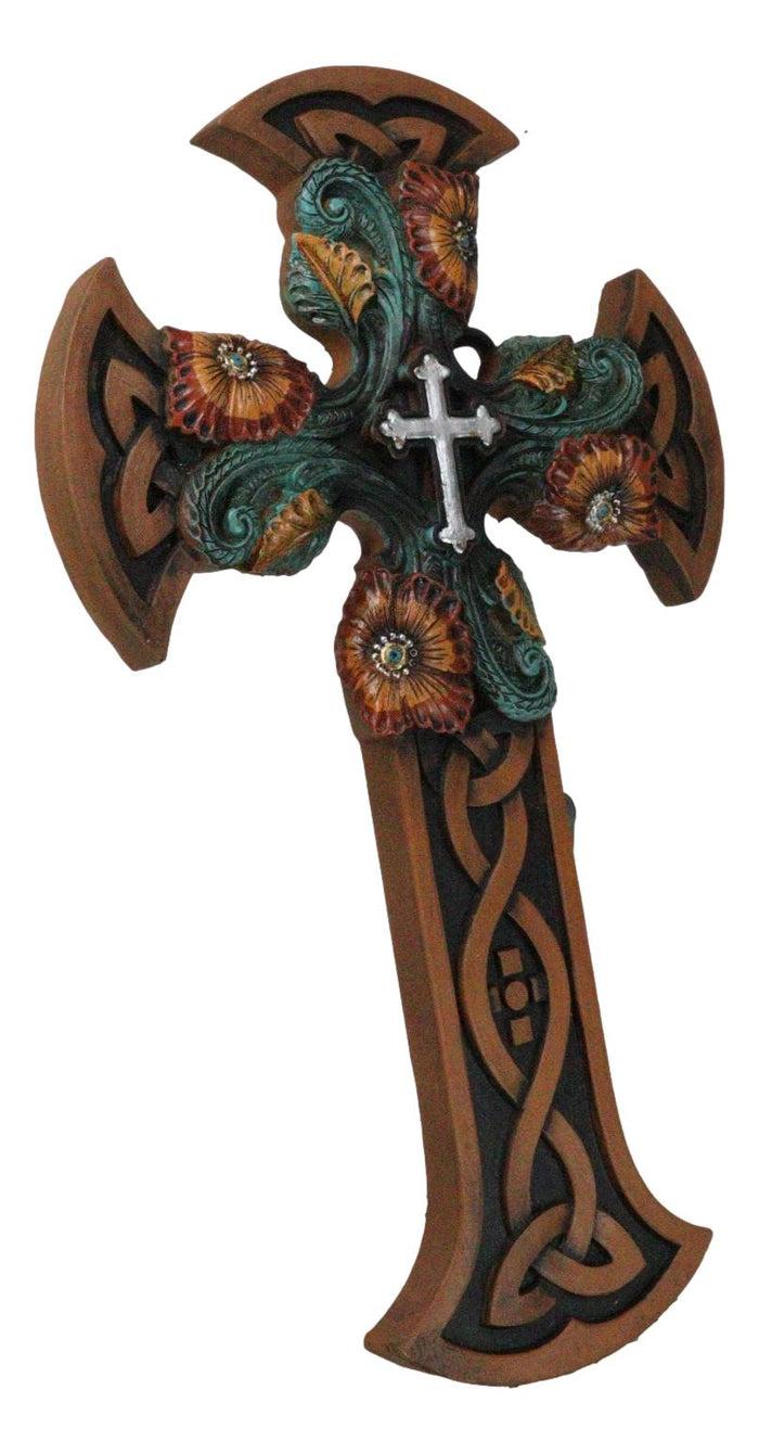Ebros Gift Celtic Knotwork Tooled Faux Leather Colorful Flowers Wall Cross Christian Decor