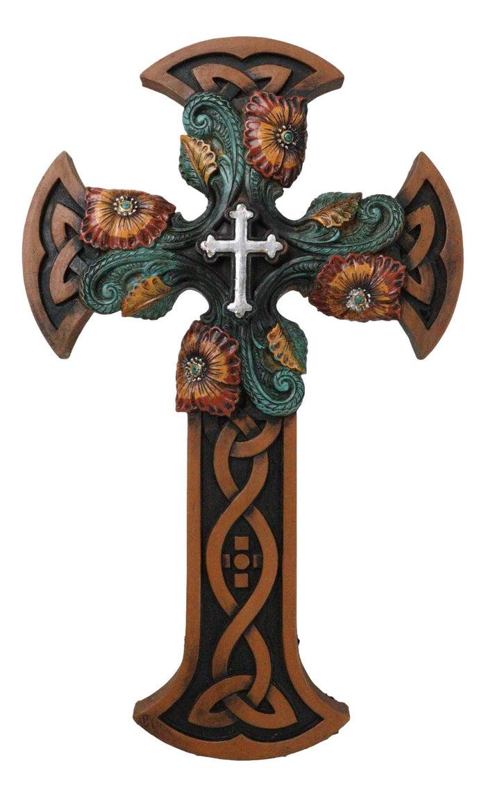 ebros gift Celtic Knotwork Tooled Faux Leather Colorful Flowers Wall Cross Christian Decor