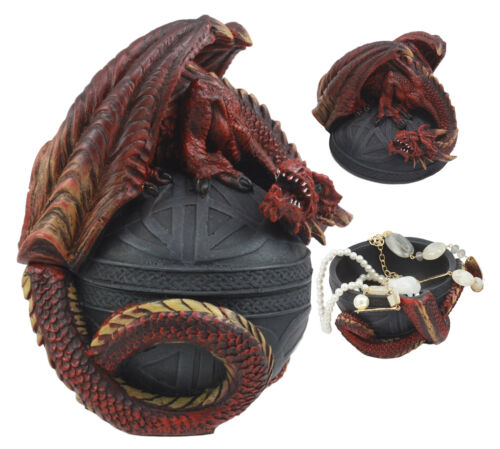 Ebros Gift Celtic Red Dragon Egg Box 6.5"Tall Mythical Guardian Dragon Figurine Jewelry Box