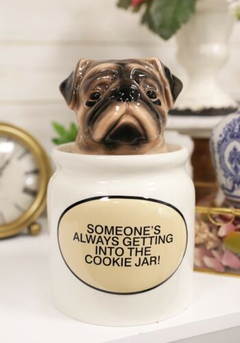 ebros gift Ceramic Adorable Hiding Thief Pugsie Pug Dog Cookie Jar With Air Tight Lid 9"H