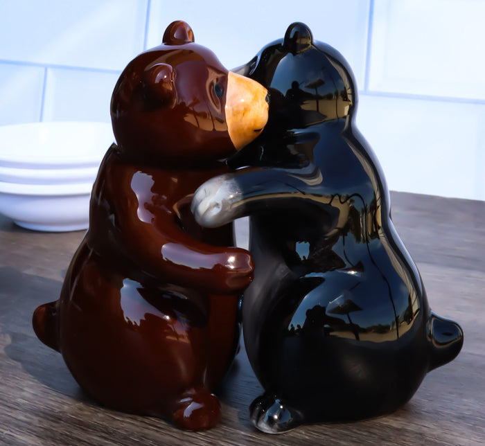ebros gift Ceramic Black And Grizzly Brown Bears Hugging Dancing Salt And Pepper Shakers