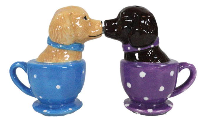 Ebros Gift Ceramic Chocolate And Fawn Labrador Puppy Dogs In Tea Cups Salt Pepper Shakers