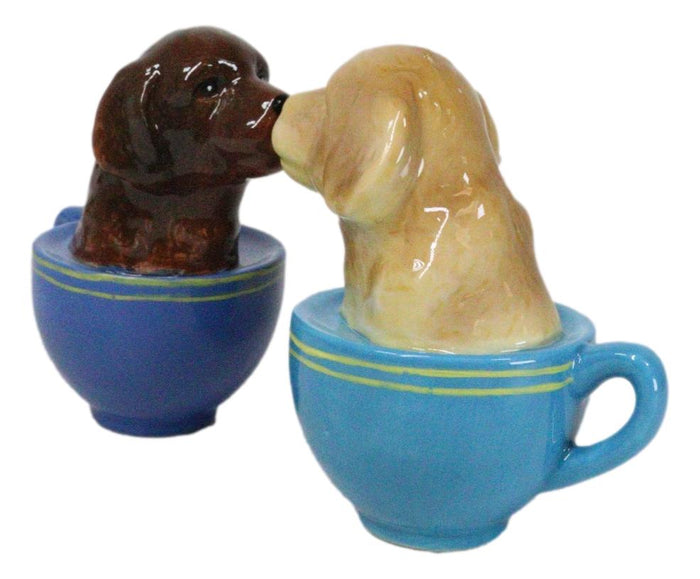 Ebros Gift Ceramic Chocolate And Fawn Teacup Labrador Puppy Dogs Salt Pepper Shakers Set