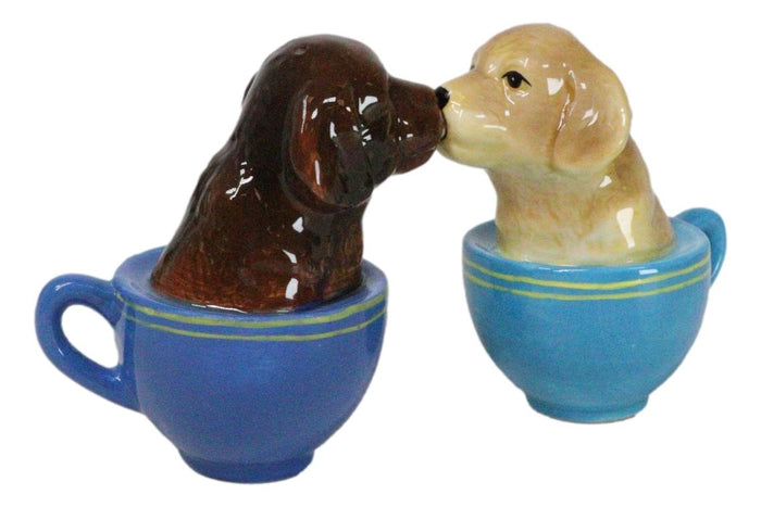 Ebros Gift Ceramic Chocolate And Fawn Teacup Labrador Puppy Dogs Salt Pepper Shakers Set
