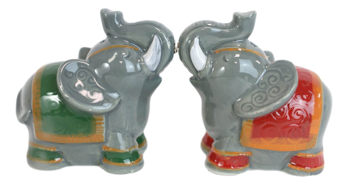 Ebros Gift Ceramic Circus Carnival Elephants Trunks Up Salt Pepper Shakers Figurine Set