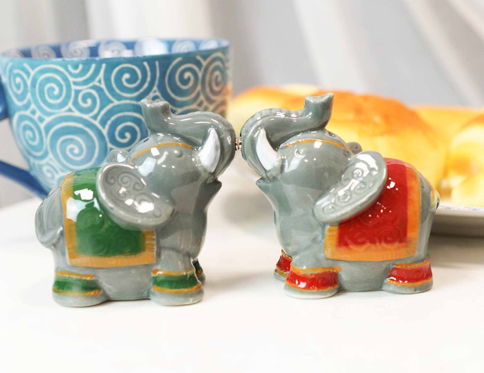 ebros gift Ceramic Circus Carnival Elephants Trunks Up Salt Pepper Shakers Figurine Set