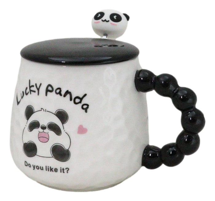 Ebros Gift Ceramic Cute Lucky Laughing Panda Bear With Lid And Panda Head Spoon Mug Cup