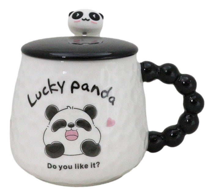 ebros gift Ceramic Cute Lucky Laughing Panda Bear With Lid And Panda Head Spoon Mug Cup